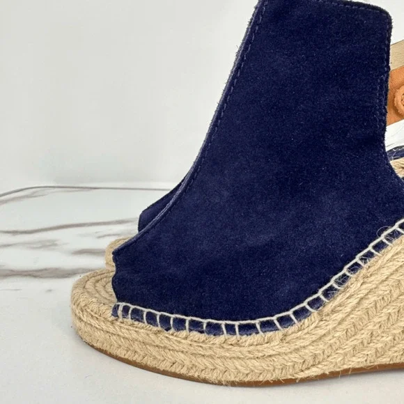 Seychelles Wedges Espadrille Sandals Suede Leather Size 8.5 Navy Blue Coastal Na - Picture 2 of 11